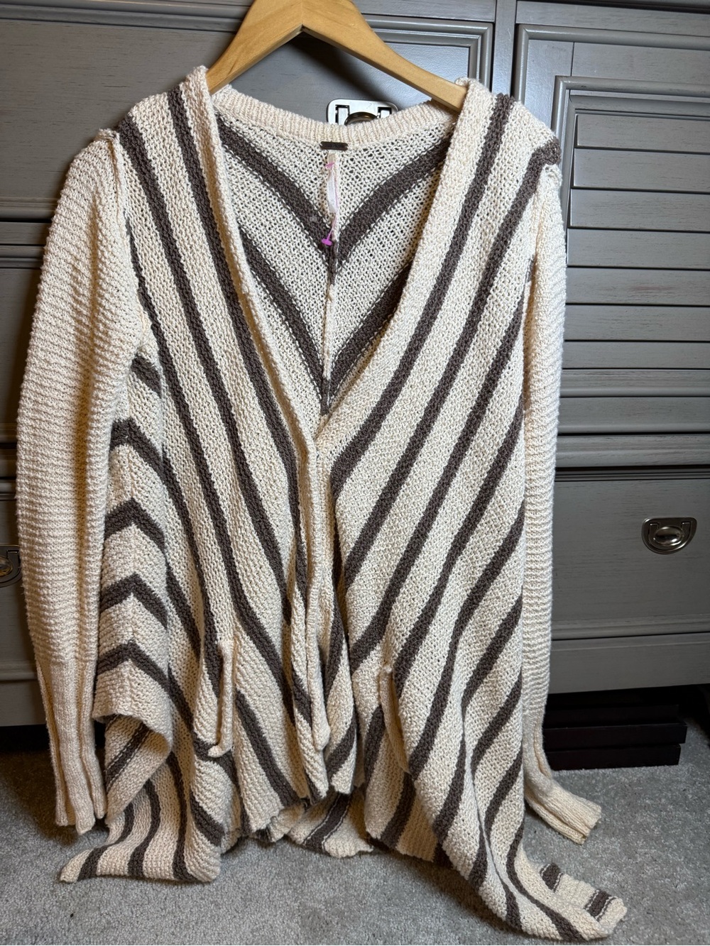 Free People Cream and Gray Striped Open Cardigan